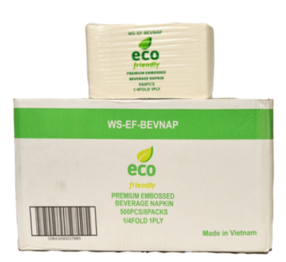 Beverage Napkin white, 4000 ECO Friendly, virgin pulp, 19GSM 1/4 Fold, 9"x9"  embossed, 1 ply 8/500 per case 