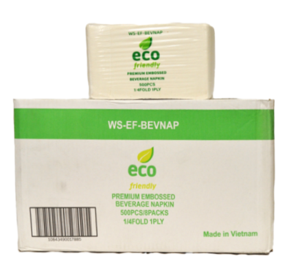 Beverage Napkin white, pack of 500 ECO Friendly, virgin pulp, 19GSM 1/4 Fold, 9"x9"  embossed, 1 ply (cs= 8 pack of 500)