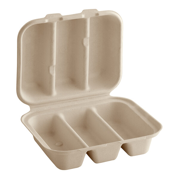 Taco 3-Compartment Compostable Fiber Taco Clamshell 8" x 7" x 3" - 50 Pcs ( 6x50/Case)