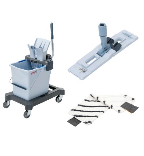 Vileda US Pro Starterkit Single - Combo with 26 qt Bucket, Dolly, Wringer, US Frame & 1 MicroPlus Mop