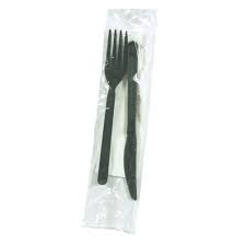 3IN1 Fork/Knife & Napkin BLACK MEDIUM - 100 pcs (Bx=5x100st)