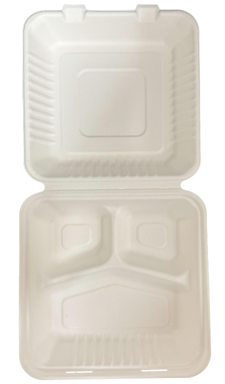 DT-HC8CSC - BARE..8"x8" Hinged Container , 3-Compt..Bagasse..50 st (1bx=6pack of 50each)