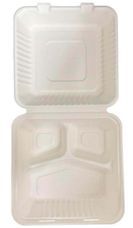 HC8SC3PF/DT-HC8CSC - BARE..8"x8" Hinged Container , 3-Compt..Bagasse..50 st (1bx=6pack of 50each)