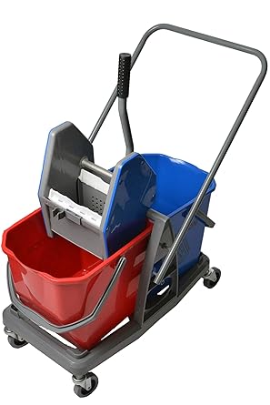 Double Mop Bucket With Down Press Wringer Combo - Blue & Red Bucket Dimensions: 14.25” x 13.5” x 12.5”/ 30 liter