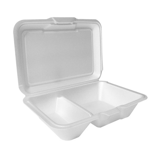 [F205 2Comp 12415] Plastifar 9.5"x6.5" Hinged Foam Cont. 200st  Foam Trays- 2 Compartment (2/100) 