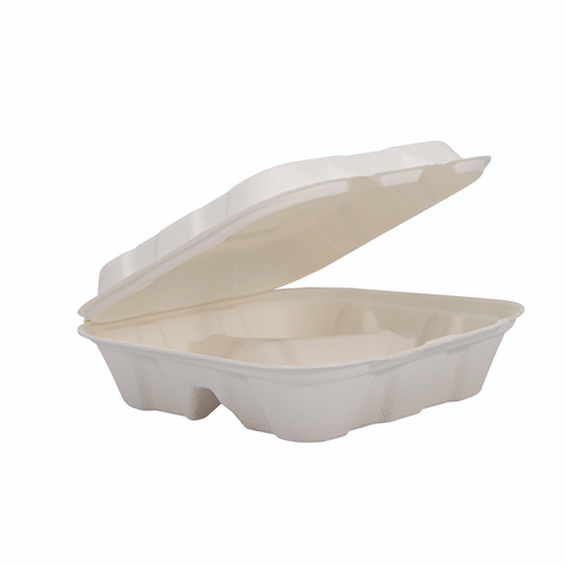[Out-BI-HC8FBR3 8X8 3-comp] Dart® HC8FBR3 Compostable Fiber Hinged Trays, ProPlanet Seal, 3-Compartment, 8.03 x 8.4 x 1.93, Ivory, Molded Fiber, 200/Carton