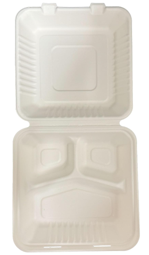 [DT-HC8CSC 8x8 3-Comp] DT-HC8CSC - BARE..8"x8" Hinged Container , 3-Compt..Bagasse..50 st (1bx=6pack of 50each)