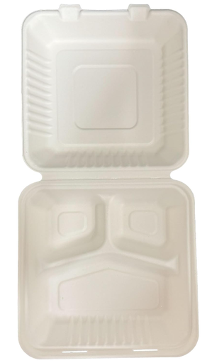 [xTU-8x8 3-Comp] 8x8 Bagasse Hinged Container , 3-Compt  Natural Bagasse-Tellus pack 50 st (bx=4x50st)