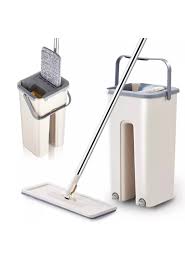 [mop bucket microfiber] Scratch Cleaning Mop  Mop & Bucket with wringer set Beige Self Cleaning Wet Dry Usage with Microfiber pad 